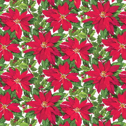 12X12 Christmas Poinsettia Cardstock—5 sheets feature a seamless red poinsettia and green leaf pattern on white, ideal for double-sided Christmas paper crafts.