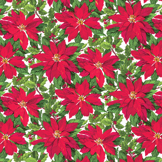 12x12 Christmas Poinsettia Text Paper 5 sheets features a seamless pattern of red poinsettias and green leaves on white, printed on acid and lignin free, double-sided text paper—ideal for lasting, vibrant holiday crafts and Christmas collection designs.