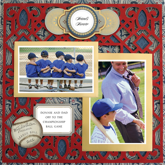 The 12x12 Scrapbook Page For Him Red Overlay Left features photo-realistic paper crafting with boys in baseball uniforms on a bench, a man and child smiling, and a note: "DONNIE AND DAD OFF TO THE CHAMPIONSHIP BALL GAME.