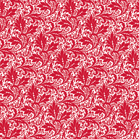 The 12X12 Christmas Baroque Scroll Cardstock (5 sheets) features a red and white ornamental floral damask pattern with stylized leaves and vines, ideal for festive projects, scrapbooking, or archival crafts.
