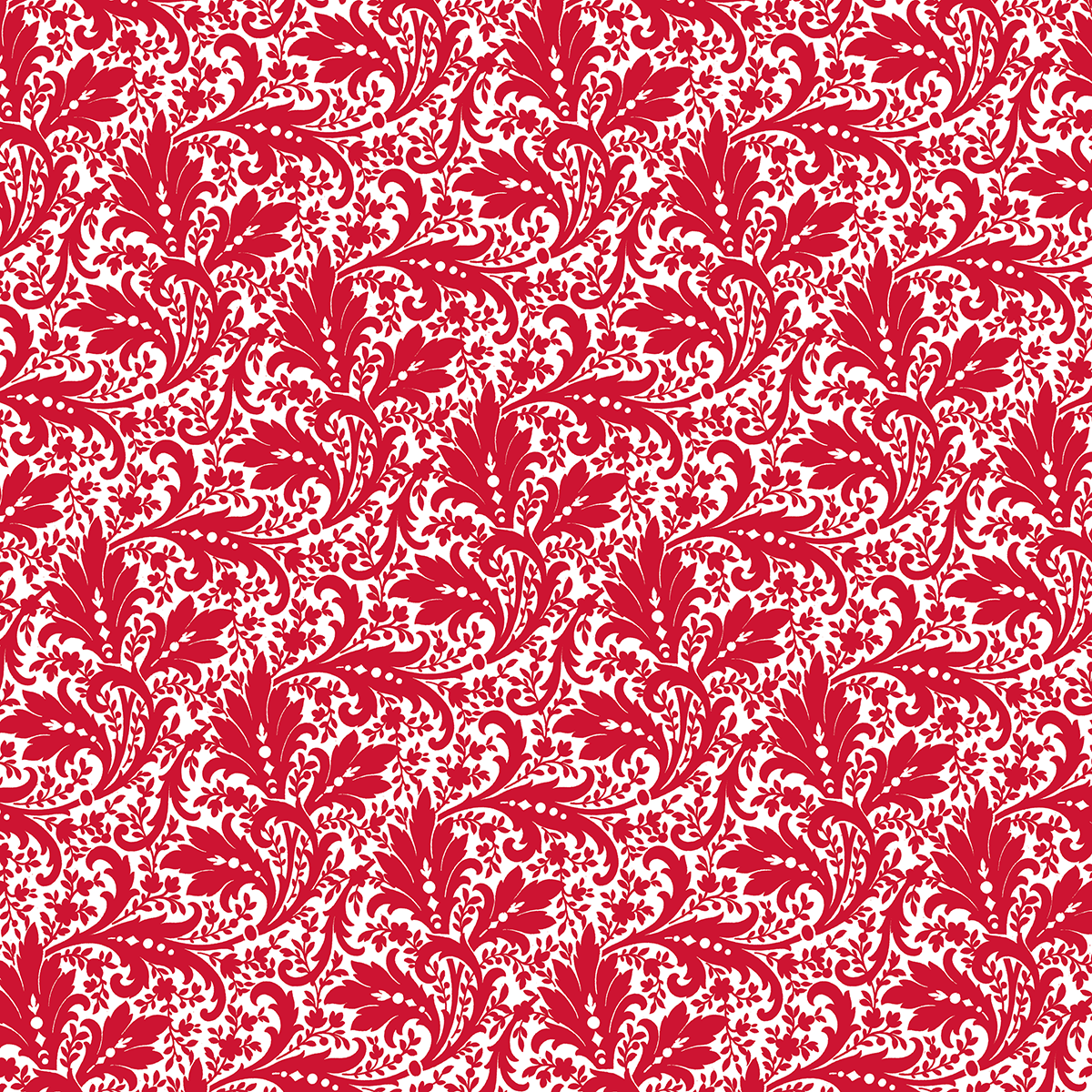 The 12x12 Christmas Baroque Scroll Text Paper (5 sheets) features a red and white damask floral pattern with ornate, symmetrical leaves and vines—ideal for Christmas collection designs or double-sided archival projects.