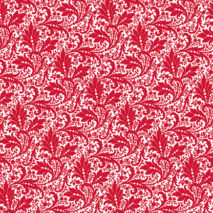 The 12x12 Christmas Baroque Scroll Text Paper (5 sheets) features a red and white damask floral pattern with ornate, symmetrical leaves and vines—ideal for Christmas collection designs or double-sided archival projects.