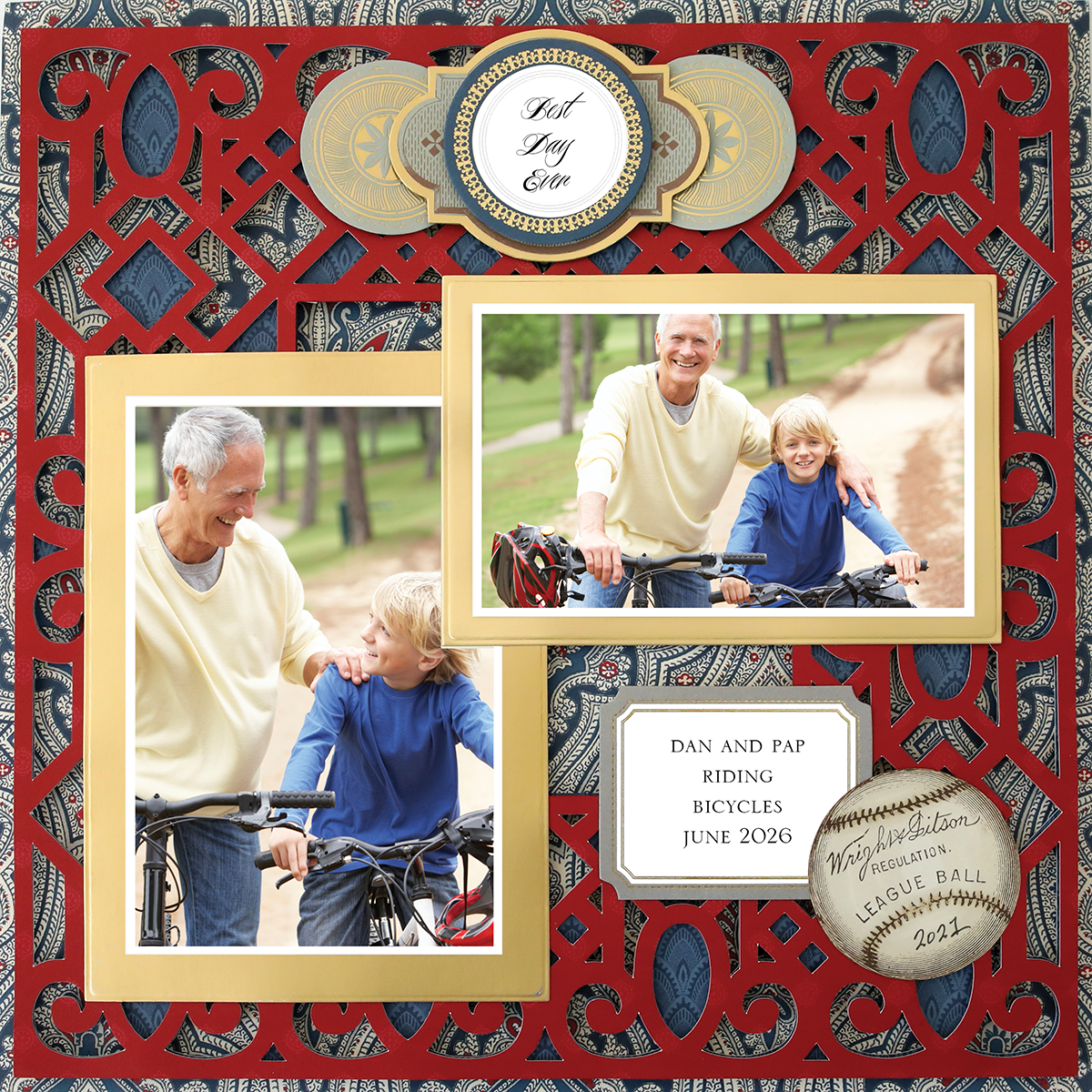 The 12x12 Scrapbook Page For Him Red Overlay Right displays photos of an older man and young boy biking outdoors, with decorative borders, a 2023 baseball accent, and the caption “DAN AND PAP RIDING BICYCLES JUNE 2026.”.