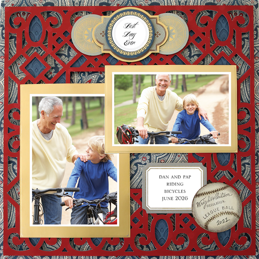 The 12x12 Scrapbook Page For Him Red Overlay Right displays photos of an older man and young boy biking outdoors, with decorative borders, a 2023 baseball accent, and the caption “DAN AND PAP RIDING BICYCLES JUNE 2026.”.