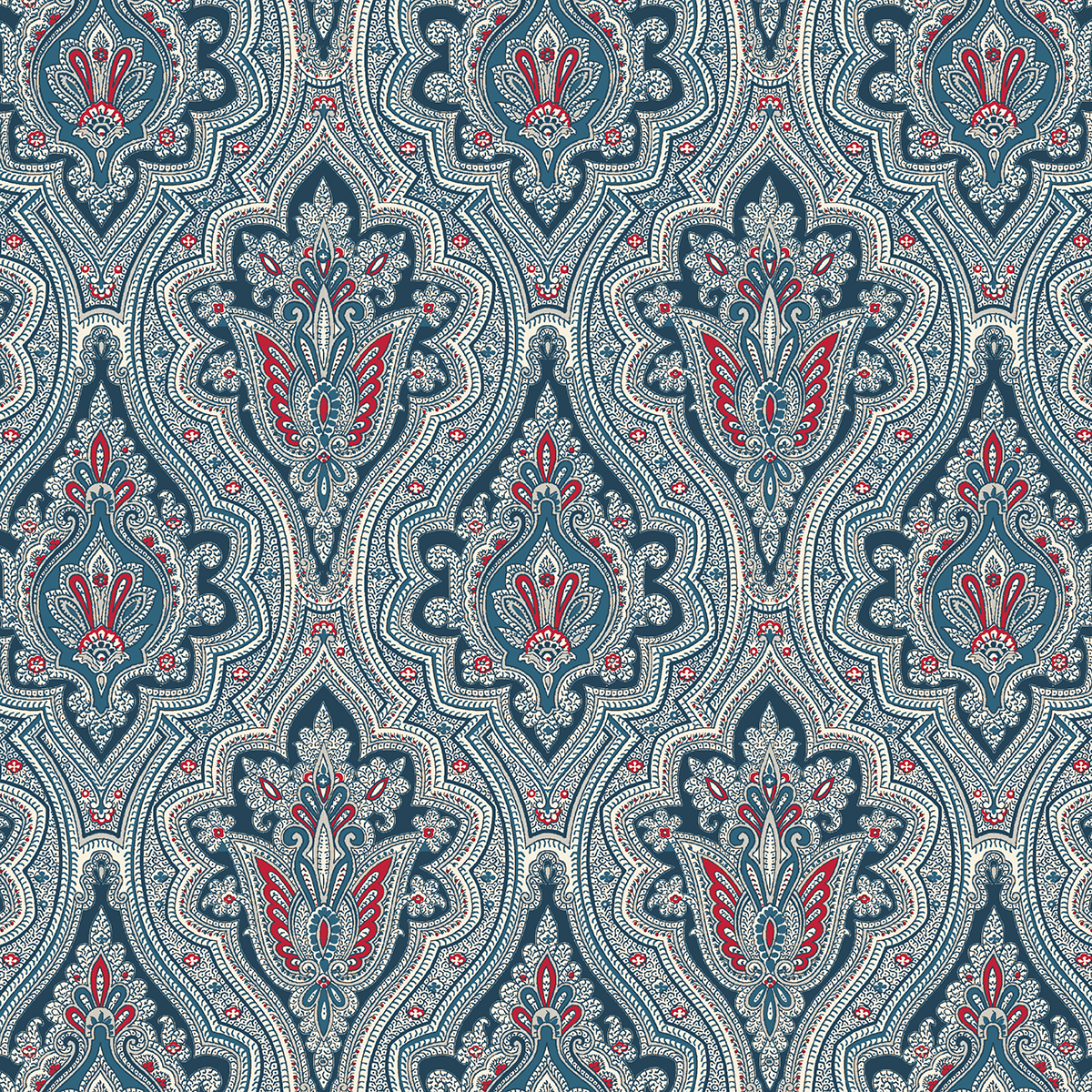The 12x12 For Him Paisley Blue Text Paper includes 5 sheets with blue, red, and cream ornate paisley designs on double-sided textured paper—perfect for archival projects or enhancing your Christmas collection.