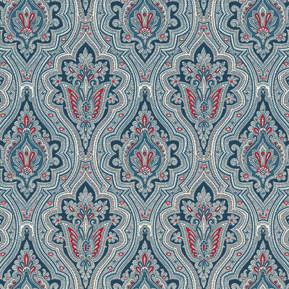 The 12x12 For Him Paisley Blue Text Paper includes 5 sheets with blue, red, and cream ornate paisley designs on double-sided textured paper—perfect for archival projects or enhancing your Christmas collection.