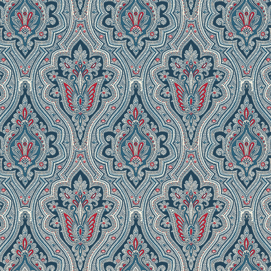 Seamless blue, white, and red ornate paisley pattern with floral and geometric details—perfect for the 12X12 For Him Paisley Blue Cardstock 5 sheets, great for double-sided Christmas projects or archival keepsakes.