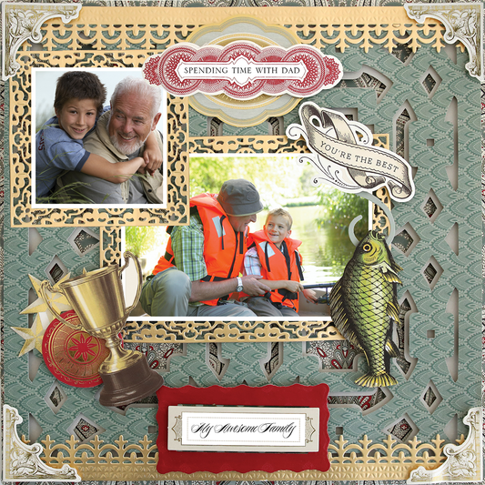 The "12x12 Scrapbook Page For Him Turquoise Feather Left" features photorealistic paper crafting with grandfather and grandson fishing photos, decorated with a trophy, fish, medal, and labels like "Spending Time with Dad" and "You're the Best.