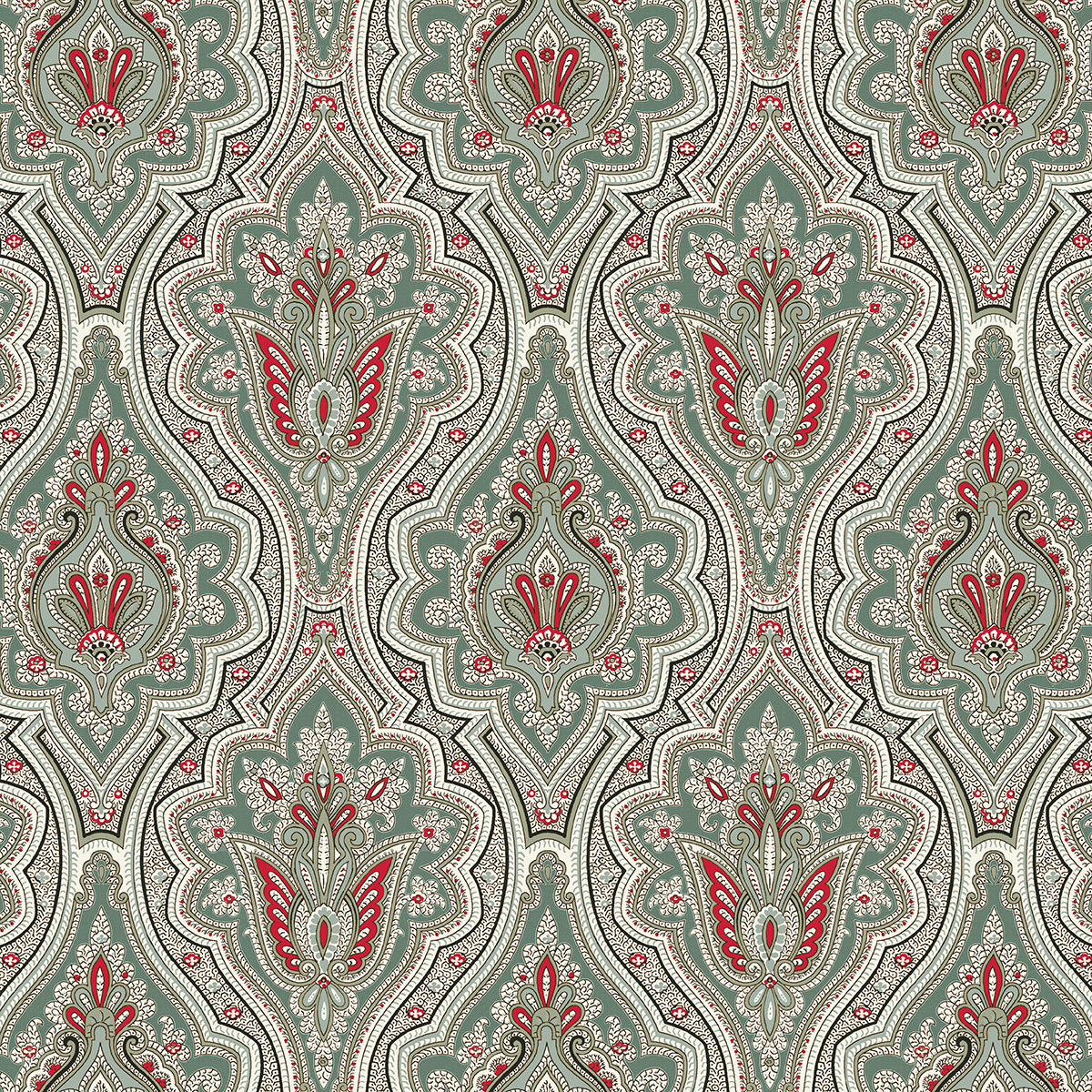 The 12x12 For Him Paisley Green Text Paper (5 sheets) features a symmetrical paisley design with intricate floral and leaf motifs in green tones—perfect for festive crafts, holiday projects, or archival collections.