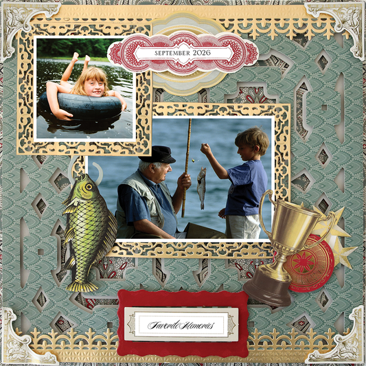 The "12x12 Scrapbook Page For Him Turquoise Feather Right" is a photo-realistic layout labeled "September 2026," featuring child and family photos, plus trophy, fish, and ribbon accents for a memorable paper crafting project.