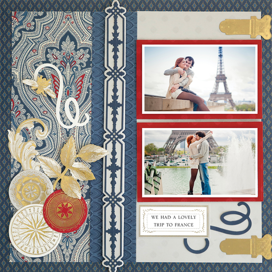 A photo-realistic 12x12 digital scrapbook page, "For Him Blue Feather & Medallions Left," with two Paris couple photos, the Eiffel Tower, gold and red accents, and the caption: "We had a lovely trip to France.