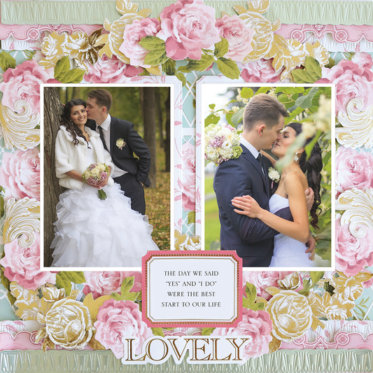 A bride and groom in wedding attire pose outdoors, framed by floral decor on a 12x12 Scrapbook Page Rose Flower Wreath Left layout, with "LOVELY" displayed at the bottom.