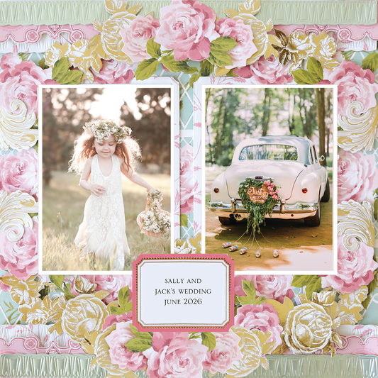 The 12x12 Scrapbook Page Rose Flower Wreath Right features two photorealistic images—a flower girl with a bouquet and a vintage car with blooms—on a floral background. Includes "Sally and Jack's wedding June 2026" text. Ideal for wedding layouts.