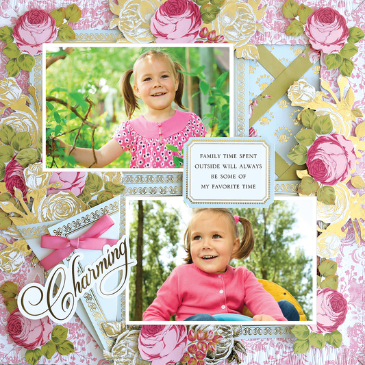 The 12x12 Scrapbook Page Rose Tussie Mussie Left displays two outdoor photos of a smiling girl, adorned with floral accents and an uplifting family quote—ideal for photo realistic paper crafters.