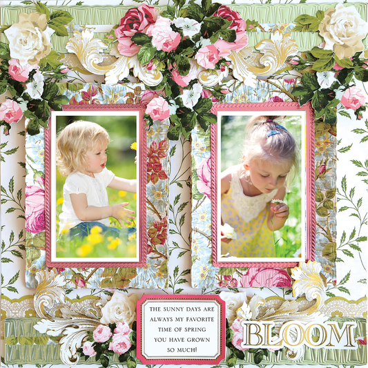 12x12 Scrapbook Page Rose Ruffled Frames Left featuring two photos of young girls, floral accents, and a "Bloom" embellishment in a charming scrapbook layout.