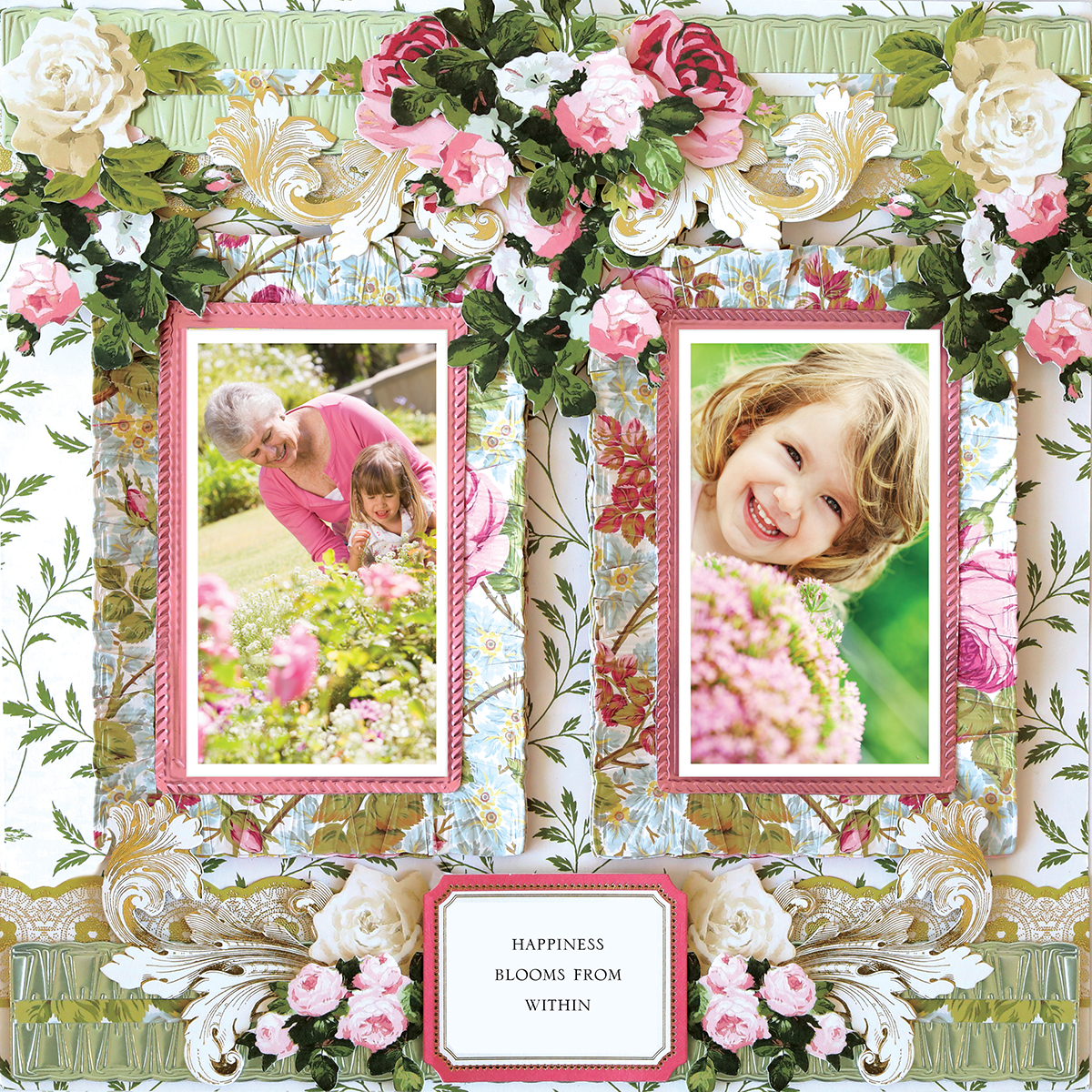 The 12x12 Scrapbook Page Rose Ruffled Frames Right displays two framed photos with floral accents and a central sign that says, "Happiness blooms from within," creating a charming, flower-themed layout.