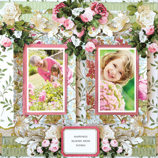 The 12x12 Scrapbook Page Rose Ruffled Frames Right displays two framed photos with floral accents and a central sign that says, "Happiness blooms from within," creating a charming, flower-themed layout.