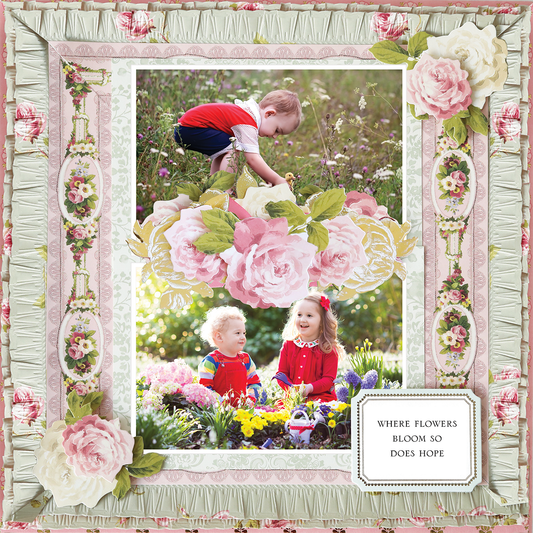 Two children in red are amid garden flowers, framed by the 12x12 Scrapbook Page Rose Ruffled Border Right, with a caption: "Where flowers bloom so does hope." This photo-realistic layout adds charming paper crafting flair.