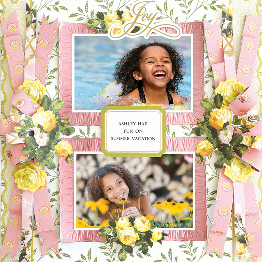The 12x12 Scrapbook Page Rose Bow Bouquets Left showcases two photos of a young Black girl swimming and outdoors with flowers, with the text "Ashley Had Fun On Summer Vacation" in a vibrant, photorealistic layout.
