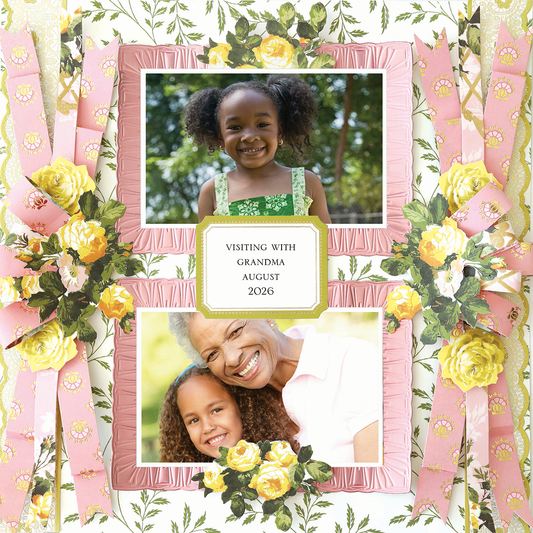 The 12x12 Scrapbook Page Rose Bow Bouquets Right features pink and yellow floral accents and displays a young girl with her grandmother, plus a label: "Visiting with Grandma August 2026.