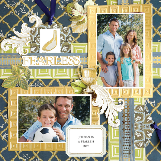 Photo-realistic paper crafting shines on the 12x12 Scrapbook Page Jack Navy Lattice Left, featuring two framed photos—a family and a father/son with a soccer ball—plus a golden trophy and the word "FEARLESS.