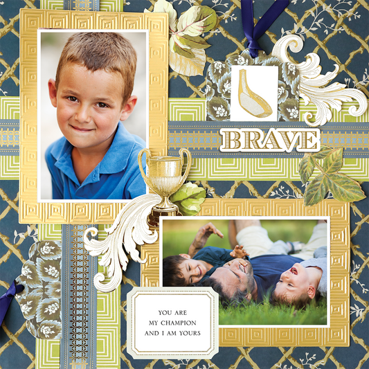 A 12x12 "Jack Navy Lattice Right" scrapbook page with two photos of a child and adult, gold frames and accents, a trophy, the word "BRAVE," plus the quote: "YOU ARE MY CHAMPION AND I AM YOURS," in photorealistic style.