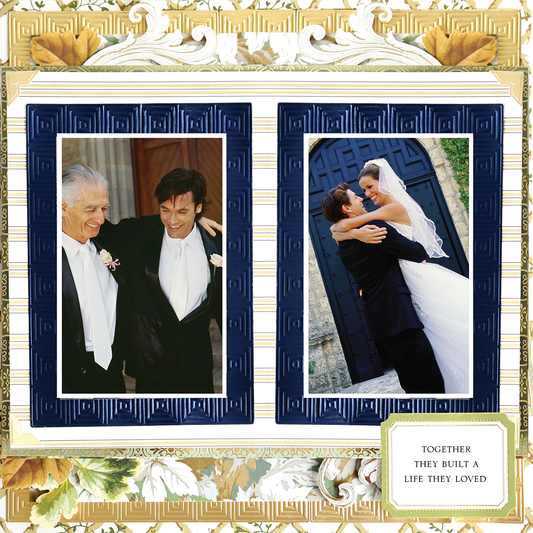 The 12x12 Scrapbook Page Jack Stripe with Navy Frames Left features two framed wedding photos—one of two men in suits, another of a bride and groom outdoors—on archival-quality cardstock, accented by a floral border and the phrase "Together they built a life they loved.