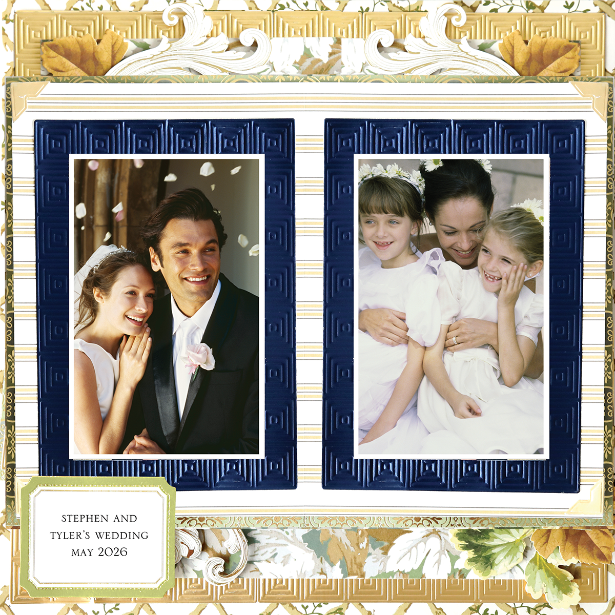 The 12x12 Scrapbook Page Jack Stripe with Navy Frames Right features two framed photos—a smiling bride and groom, and a woman hugging two girls in white dresses—with text: "Stephen and Tyler's Wedding May 2026.
