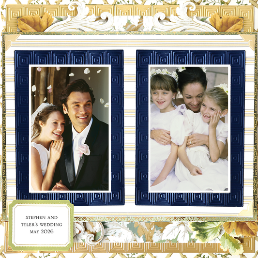 The 12x12 Scrapbook Page Jack Stripe with Navy Frames Right features two framed photos—a smiling bride and groom, and a woman hugging two girls in white dresses—with text: "Stephen and Tyler's Wedding May 2026.