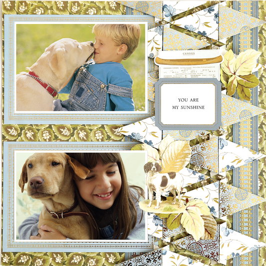 Two photos of children with a yellow Labrador on a 12x12 Scrapbook Page Jack Flag Border Left, decorated with floral and geometric designs, featuring “You are my sunshine” in the center.