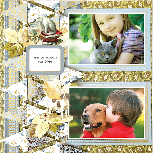 A girl with a gray cat and a boy with a brown dog are featured on the “12x12 Scrapbook Page Jack Flag Border Right,” titled “Best of Friends May 2026.”.
