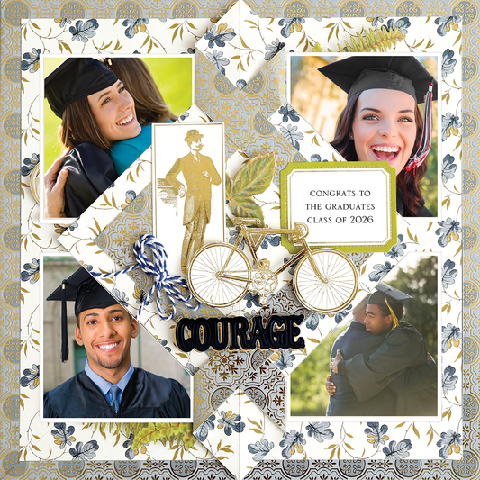 A 12x12 Scrapbook Page Jack Folded Ornament Left displays four graduates in caps and gowns, hugging and smiling with a festive background and a sign reading "Congrats to the Graduates Class of 2026.