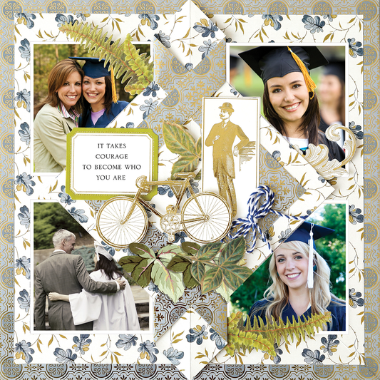 The 12x12 Scrapbook Page Jack Folded Ornament Right features a photo-realistic collage of four women graduates, floral and fern accents, a vintage bicycle graphic, and the quote "It takes courage to become who you are." Perfect for graduation scrapbooks.