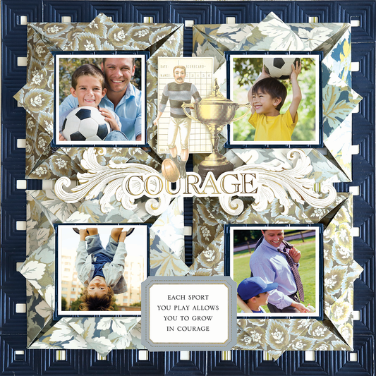 The 12x12 Scrapbook Page Jack Folded Frames Left features a photorealistic digital layout of kids and adults playing soccer and more, centered on "COURAGE" with an inspiring quote, all beautifully arranged in a collage.