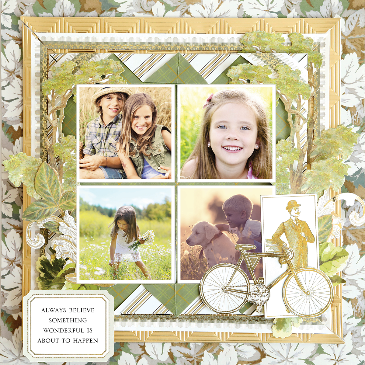 The 12x12 Scrapbook Page Jack Foliage Frames Left showcases kids outdoors—a girl with flowers, two sitting children, a smiling girl close-up, and a boy with his dog—accented by floral frames and a vintage bicycle for photo-realistic crafting.