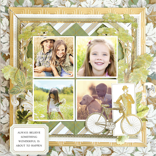 The 12x12 Scrapbook Page Jack Foliage Frames Left showcases kids outdoors—a girl with flowers, two sitting children, a smiling girl close-up, and a boy with his dog—accented by floral frames and a vintage bicycle for photo-realistic crafting.