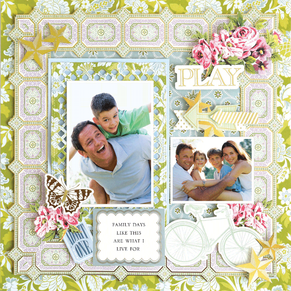 The 12x12 Scrapbook Page Charlie Green Floral Left showcases two family photos, floral designs, paper accents, a butterfly, bicycle, and the quote: "Family days like this are what I live for.