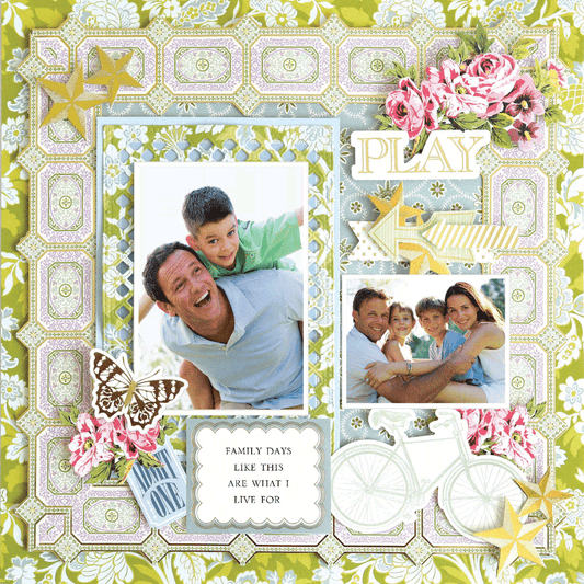 The 12x12 Scrapbook Page Charlie Green Floral Left showcases two family photos, floral designs, paper accents, a butterfly, bicycle, and the quote: "Family days like this are what I live for.