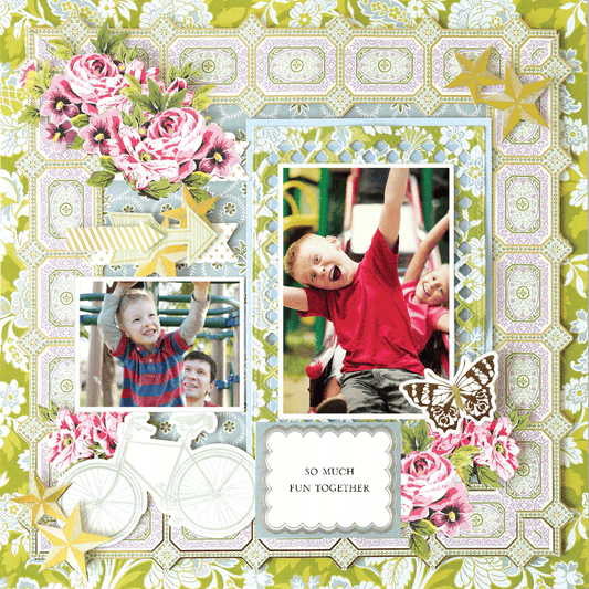 The 12x12 Scrapbook Page Charlie Green Floral Right showcases a floral design with two photos of children playing, decorative flowers, butterfly, stars, bicycle, and the caption “So much fun together,” on archival quality cardstock.