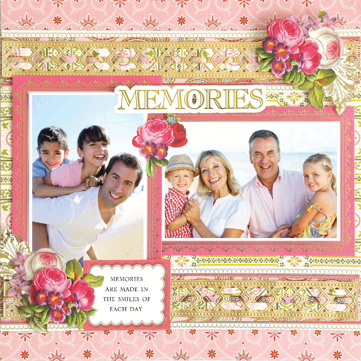 The 12x12 Scrapbook Page Charlie Pink Paisley Vine Left showcases two family photos, floral accents, and "MEMORIES" with the quote, "Memories are made in the smiles of each day," featuring photo-realistic paper crafting details.