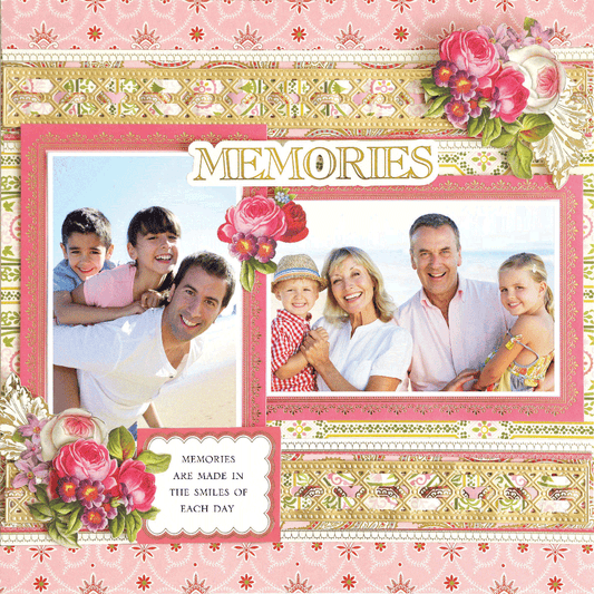The 12x12 Scrapbook Page Charlie Pink Paisley Vine Left showcases two family photos, floral accents, and "MEMORIES" with the quote, "Memories are made in the smiles of each day," featuring photo-realistic paper crafting details.