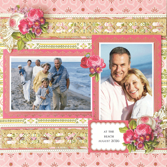 Two photos on a floral-patterned background create a digital scrapbook page titled “At the Beach August 2026”—perfect for your 12x12 Scrapbook Page Charlie Pink Paisley Vine Right or photorealistic paper crafting projects.
