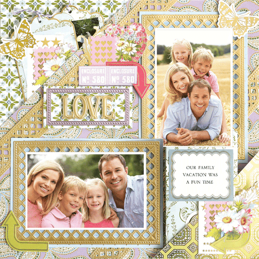 The 12x12 Scrapbook Page Charlie Diagonal Lavender Paisley Left features a collage layout with family photos, floral patterns, tickets, butterflies, and an "OUR FAMILY VACATION WAS A FUN TIME" sign—ideal for photo realistic paper crafting fans.