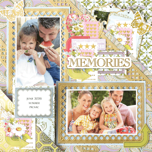 The 12x12 Scrapbook Page Charlie Diagonal Lavender Paisley Right showcases family photos, floral and geometric patterns, “MEMORIES,” and a “June 2026 Summer Picnic” label for a stunning photorealistic paper crafting effect.