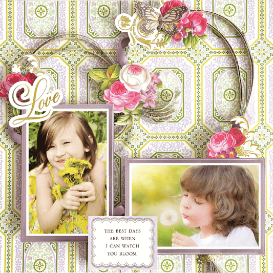 The 12x12 Scrapbook Page Charlie Paper Quilled Heart Left features two photorealistic images of a young girl with yellow flowers and blowing a dandelion, accented by floral and butterfly embellishments and the note: "The best days are when I can watch you bloom.