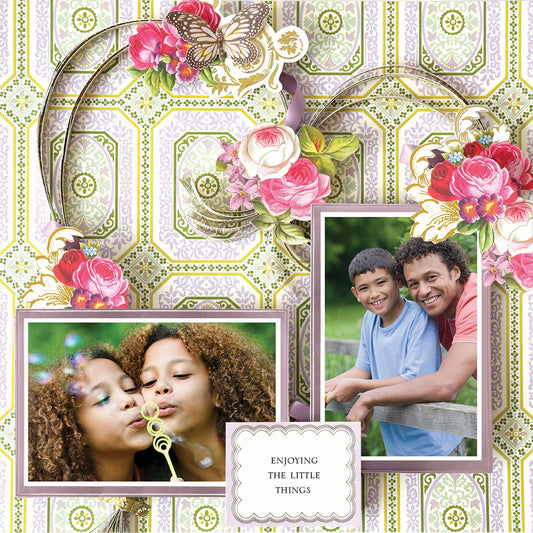 The 12x12 Scrapbook Page Charlie Paper Quilled Heart Right features two photos—children blowing bubbles and a man with a child outdoors—with the text "Enjoying the little things," ideal for digital scrapbook inspiration.