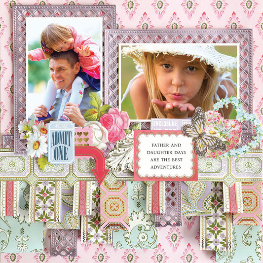 A 12x12 Scrapbook Page Charlie Paper Ribbon Border Left featuring father-daughter photos, floral decorations, and a sign that says "Father and daughter days are the best adventures.