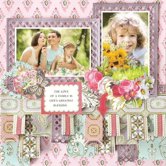 A 12x12 digital scrapbook page, "Charlie Paper Ribbon Border Right," featuring a smiling family and child with floral patterns, butterflies, and the phrase “The love of a family is life’s greatest blessing.”.