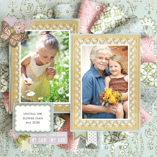 A young girl admires flowers, while another photo shows her with an older woman holding a bouquet. The 12x12 Scrapbook Page Charlie Paper Ribbon Wreath Left features the title: "Visiting the Flower Farm May 2026.