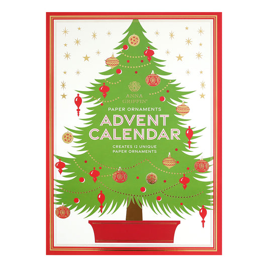 A Christmas tree with gold beads decorates the red-bordered Paper Ornaments Advent Calendar box labeled "Creates 12 Unique Paper Ornaments," crafted from quality cardstock.